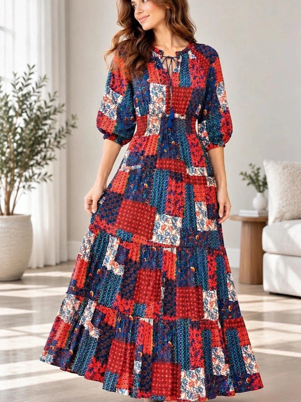 Easel Patchwork Maxi Dress in Red & Blue Plus Size 1X